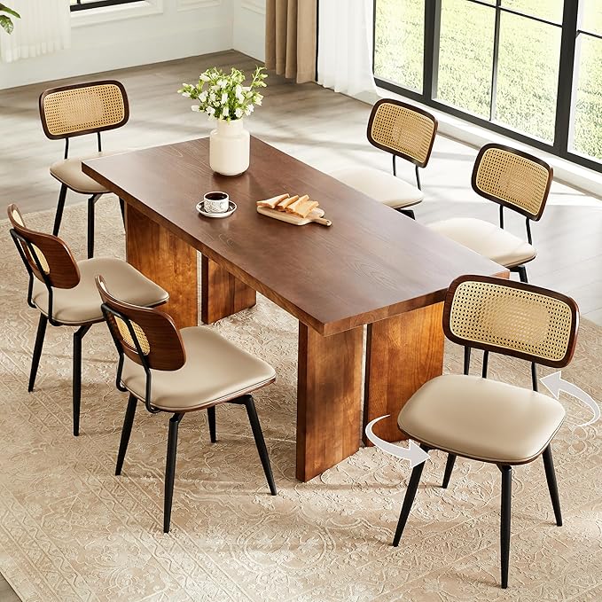 Quenvo Swivel Dining Chairs with Rattan Back, Rattan Leather Dining Chairs with Swivel Metal Legs, Mid-Century Modern Synthetic Leather Upholstered Kitchen Chair, Set of 6, Beige