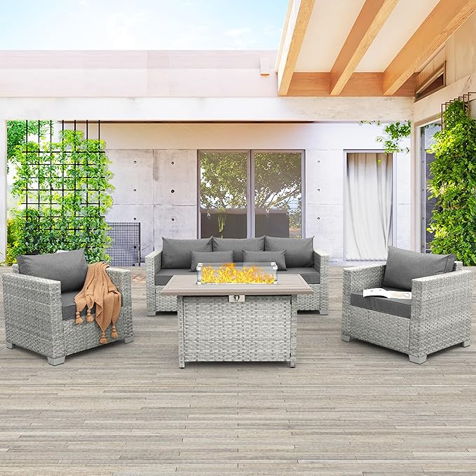 WAROOM Patio Furniture Set 4 Piece Wicker Conversation Sets PE Rattan Chair Outdoor Couch Sectional Sofa with Fire Pit Table, Grey Cushion