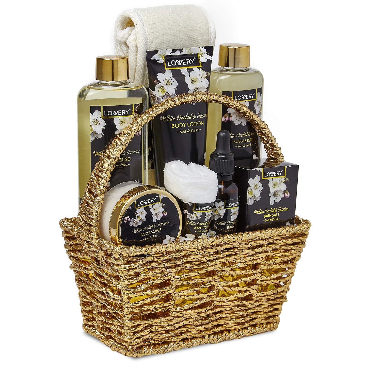 Birthday Gifts for Mom, Bath and Body Gift Basket for Women and Men – Orchid & Jasmine Home Spa Set With Body Scrubs, Lotions, Oils, Gels and More - Care Package for Women & Men - 9 Piece Set