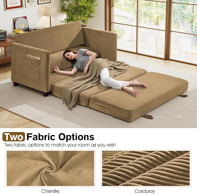 kakuboohi 65" Loveseat Sleeper Sofa Bed, Corduroy Convertible Sofa Bed for Small Spaces, Folding Couch Bed with Deep Seat, 2 Pillows & Solid Frame, Pull Out Floor Couches for Living Room, Brown