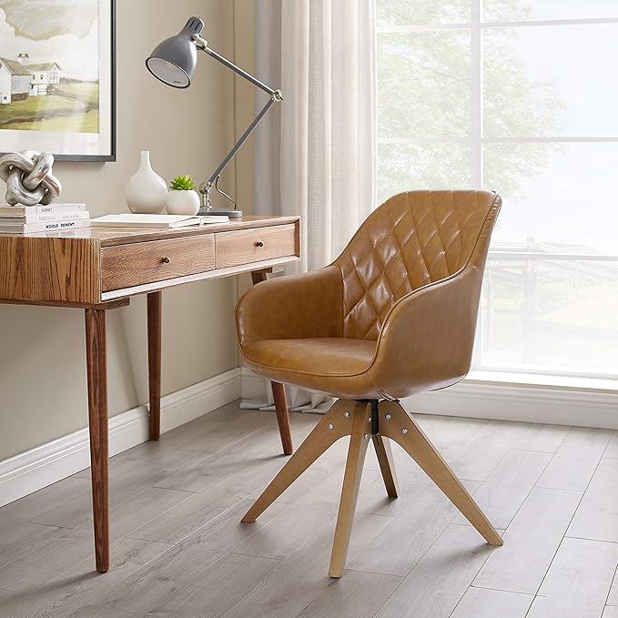 Art Leon Dining Chair - Mid Century Modern Swivel Dining Room Chair, Faux Leather Upholstered Arm Chair with Wood Legs for Living Room, Claybank