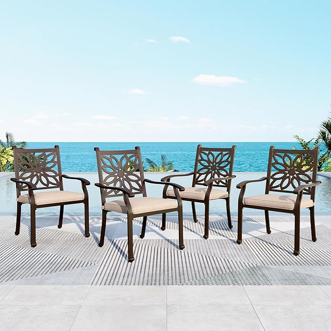 MFSTUDIO Cast Aluminum Patio Dining Chairs Set of 4, Stackable Outdoor Chairs with Extra Wide Seat and 2.8" Cushion, Brown Metal Dining Chairs for Table, Yard, Deck, 350lbs