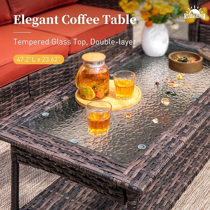 SUNSHINE VALLEY 6 Piece Patio Furniture Set with Swivel Chairs, High Back Wicker Rattan Sofa with Extra Thick Cushion, Coffee Table and Ottoman, Outdoor Conversation Set for Backyard Deck,Red