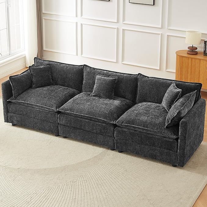 saows Modular Sectional Sofa, 112.2 Inch Rectangle Shaped Couch Set with Armrests, 3-Seater Comfy Cloud Couches for Living Room Apartment, Grey