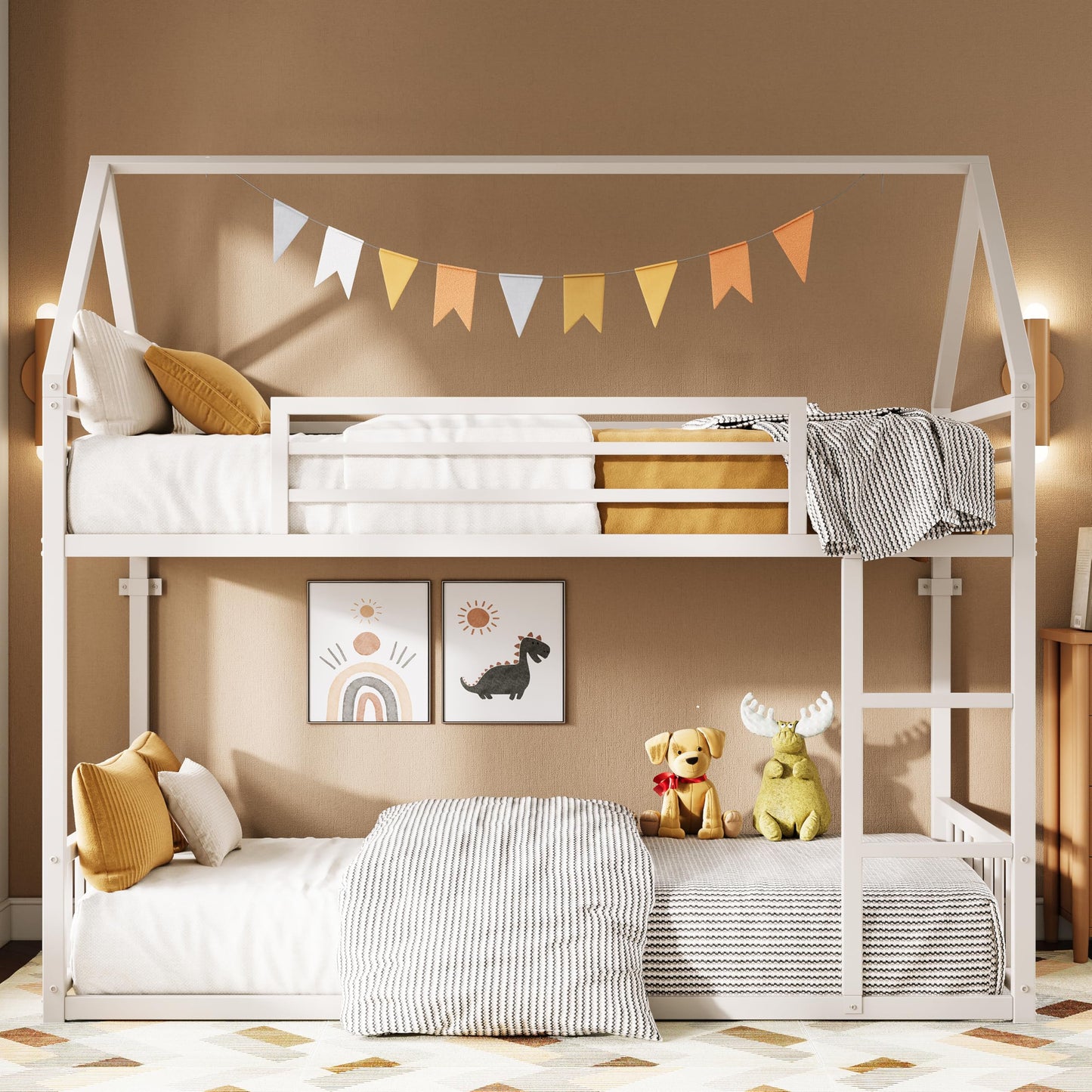 LIKIMIO Bunk Bed Twin Over Twin, House Bunk Bed Frame with Ladder and Guardrail, House Shaped with Metal Slats for Dormitory and Bedroom, Space Saving, No Box Spring Needed, White