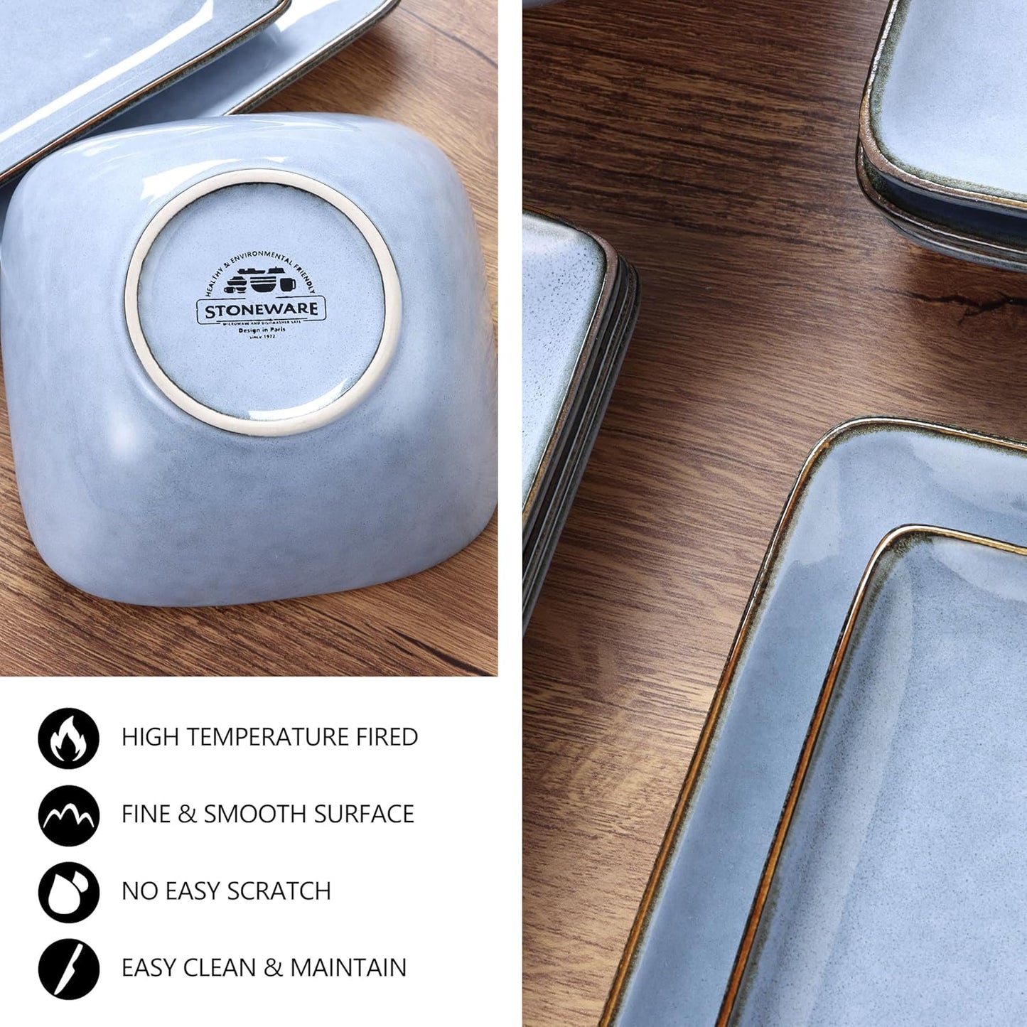 E-far Square Plates and Bowls Sets, 12-Piece Stoneware Dinnerware Sets for 4, Reactive Glaze Dish Set, Chip and Scratch Resistant, Microwave and Dishwasher Safe, Ocean Blue