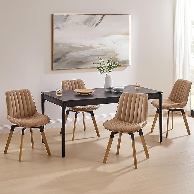 Art Leon Swivel Dining Chairs - Mid Century Modern Kitchen Dining Room Chairs, Upholstered Faux Leather Armless Side Chairs with Wood Legs, Set of 4, Brown