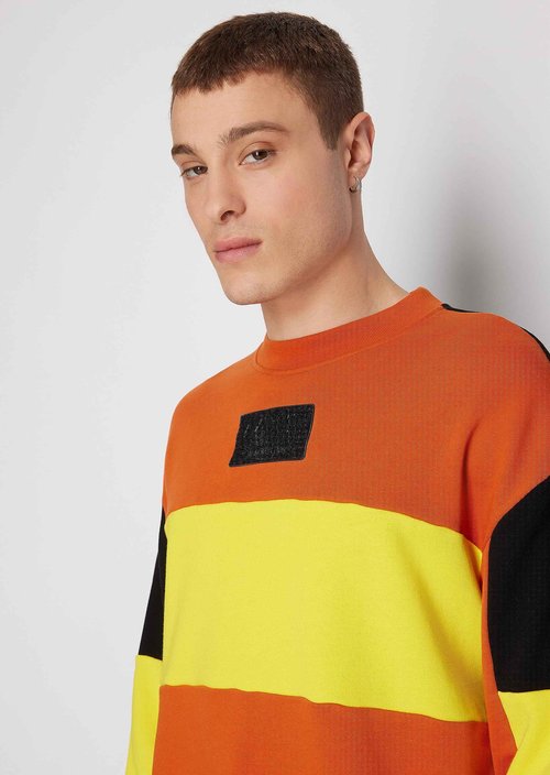 Armani Exchange Men's Cotton French Terry Colorblock Pullover Sweatshirt, Ember Orange, Small