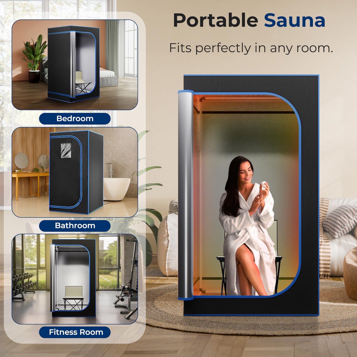 SereneLife Portable Sauna Box for Home, Steam Tent with Extra Large 4L Steamer - Includes Folding Chair, Remote Control w/ 9 Heat Levels for in-Home Spa - 2.9' x 2.9' x 5.9'