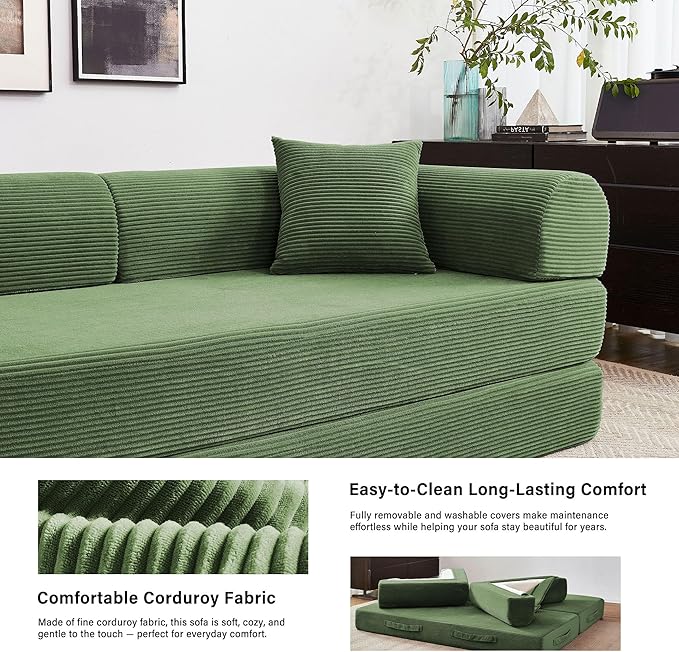 79" 5-in-1 Folding Convertible Sofa Bed, Oversized Corduroy Futon Floor Couch with Pull-Out Sleeper, Modular Boneless Loveseat for Small Spaces, Living Room, Bedroom(Dark Green)