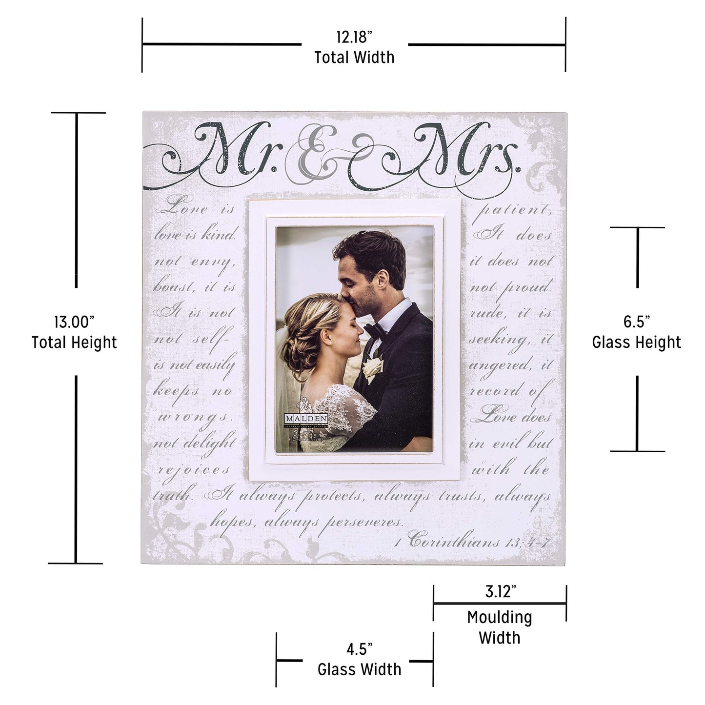 Malden International Designs Silkscreened Corinthians Verse Mr & Mrs Wood Picture Frame, 5x7, Off White
