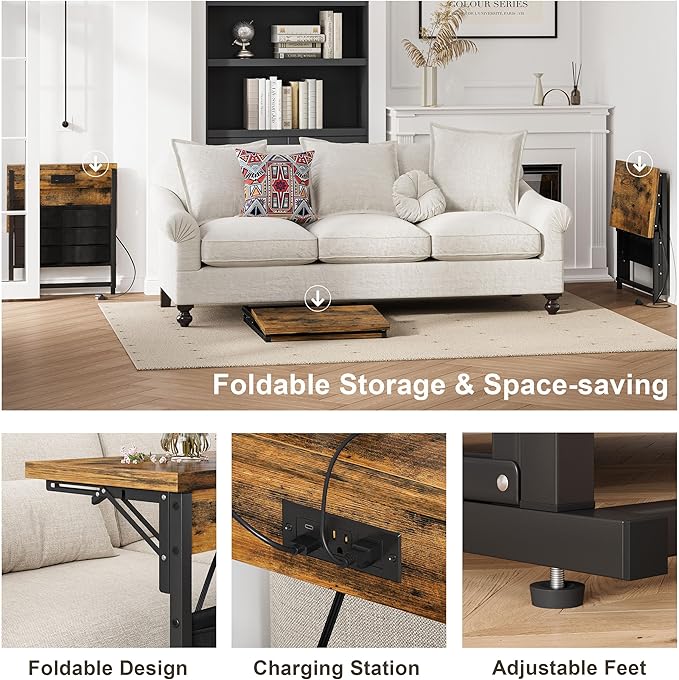 YAUKTAK Foldable C-Shaped Table with Charging Station, Folding TV Tray End Table for Small Space, Portable Side Table for Couch, C Table with Storage Bag for Sofa Living Room, Bedroom Rustic Brown