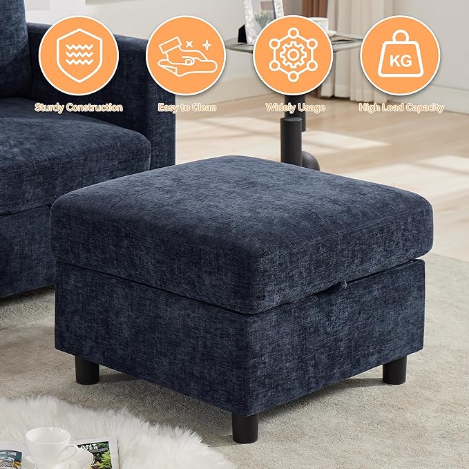 WUTUTUEE 25'' Square Storage Ottoman Module for Modular Sectional Sofa, Living Room Coffee Table Sectional Ottoman Footrest for Convertible Couch, Chenille Navy