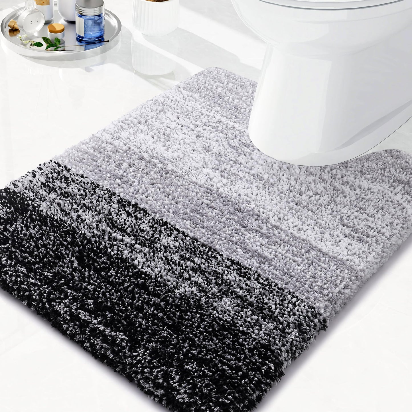 Arotive Microfiber Contour Toilet Rugs U-Shaped, Shaggy Soft Absorbent Bathroom Rugs, Non-Slip Thick Plush Bathroom Mat, Machine Wash Dry Bath Mats for Toilet Base, 24x20, Black