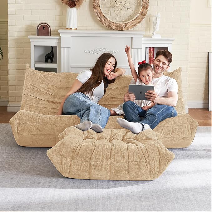 HABUTWAY Bean Bag Ottoman,Foot Rest,Fireside Chair Memory Foam Lazy Bean Bag Sofa for Living Room,Bedroom,Dorm,Office (Ottoman-Khaki)