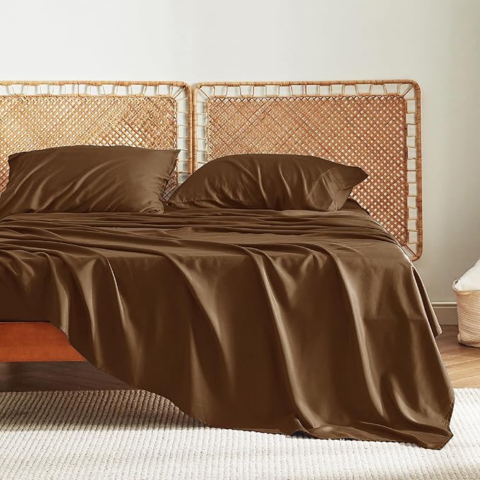 Bedsure King Size Sheets Set, Cooling Sheets for Hot Sleepers, Rayon Derived from Bamboo, Breathable & Soft, Deep Pocket Up to 16 Inches, Hotel Luxury Silky Bedding, Brown