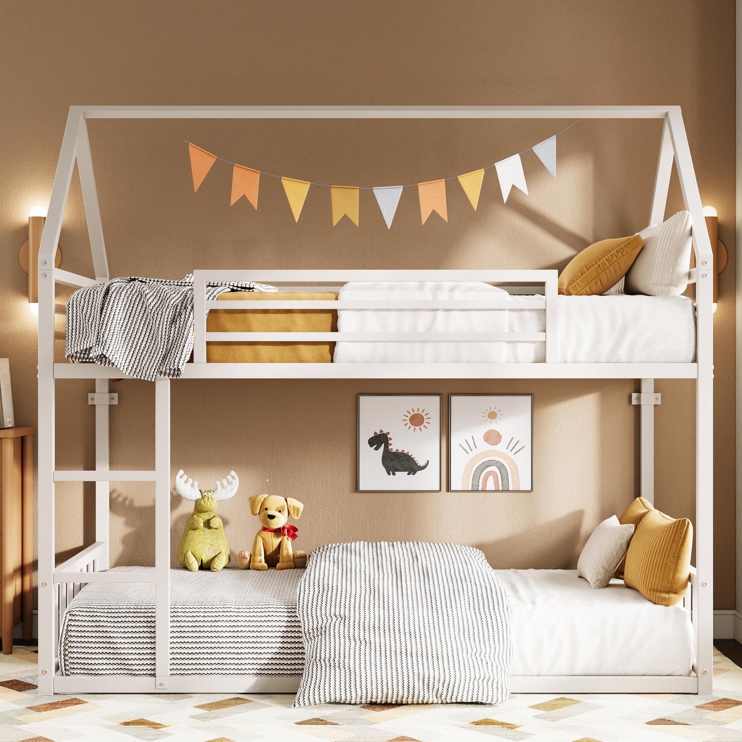 LIKIMIO Bunk Bed Twin Over Twin, House Bunk Bed Frame with Ladder and Guardrail, House Shaped with Metal Slats for Dormitory and Bedroom, Space Saving, No Box Spring Needed, White