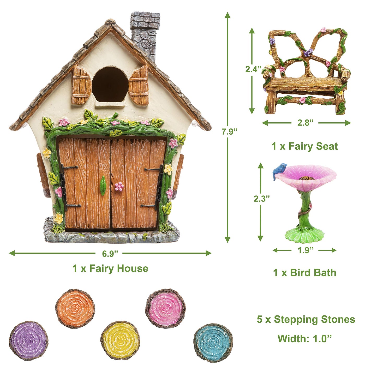 Meadow & Oak Fairy Garden House Kit - Complete with Fairy Garden Accessories, Butterly Seat, Bird Bath, Stepping Stones, Magnetic Door Closure for Indoor/Outdoor Fairy House