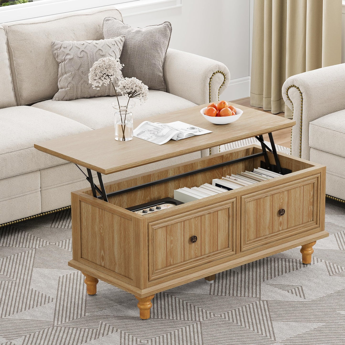 MAHYIZYI 39" Lift Top Coffee Table for Hidden Compartment, Wood Coffee Tables with Shelf, Farmhouse Rectangular Center Table Dining Table for Living Room Home Office Small Space (Natural)