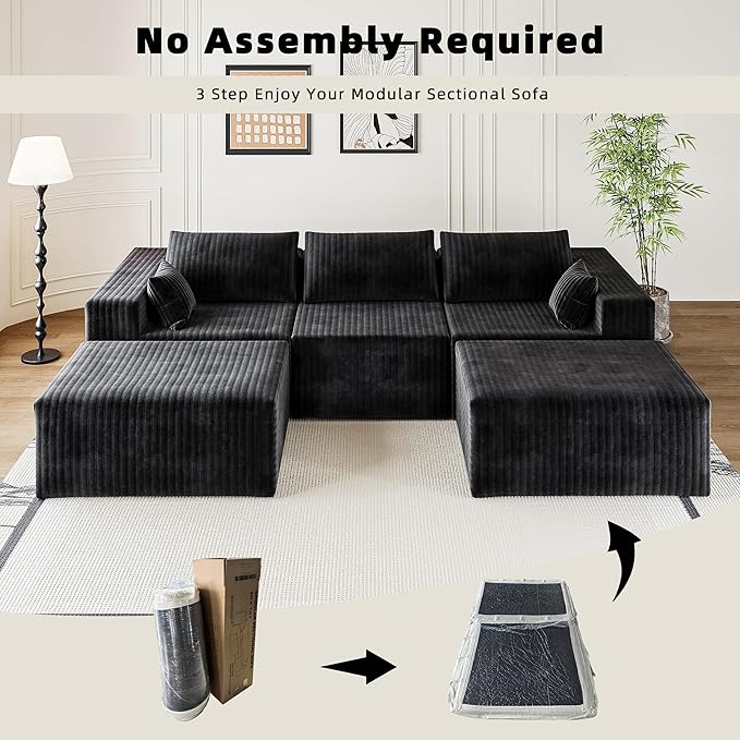 CABZOON 110" Cloud Couch Sectional for Living Room U-Shape Boneless Couches Modular Sectional Sofa with Deep Seat with Chaise,No Assembly Required, Carbon Black(Plush Corduroy Fabric)