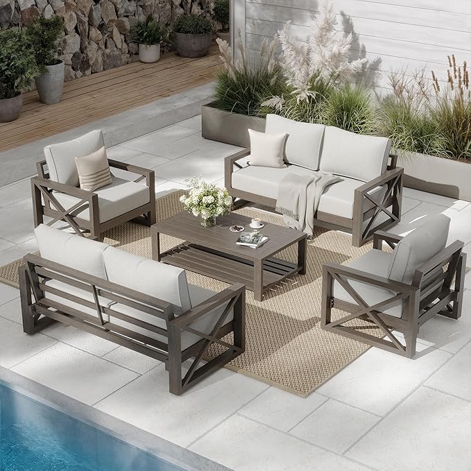 UDPATIO 5 Piece Faux Wood Aluminum Patio Furniture Set 6 Seats Modern Outdoor Furniture Patio Conversation Sets with Coffee Table for Balcony, Backyard, 600D Waterproof Cover Included, Light Grey