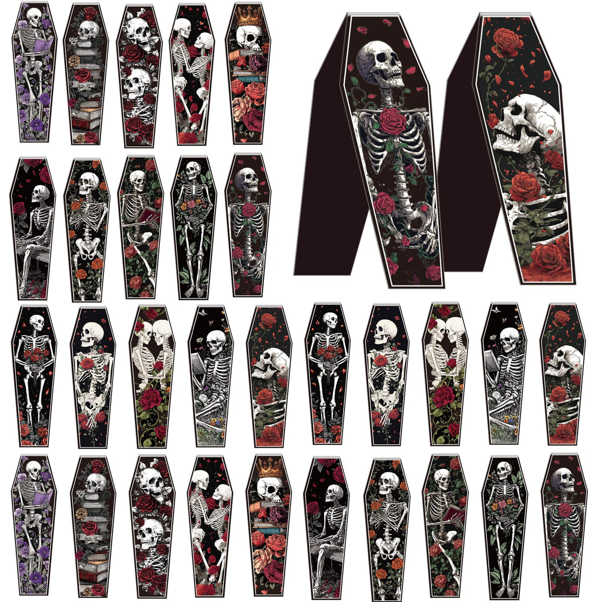 30 Pcs Gothic Skeleton Magnetic Bookmarks, Coffin-Shaped Rose and Skull Book Mark Clips for Book Lovers, Dark Romance Magnet Page Markers for Women Men, Halloween Bookish Gifts