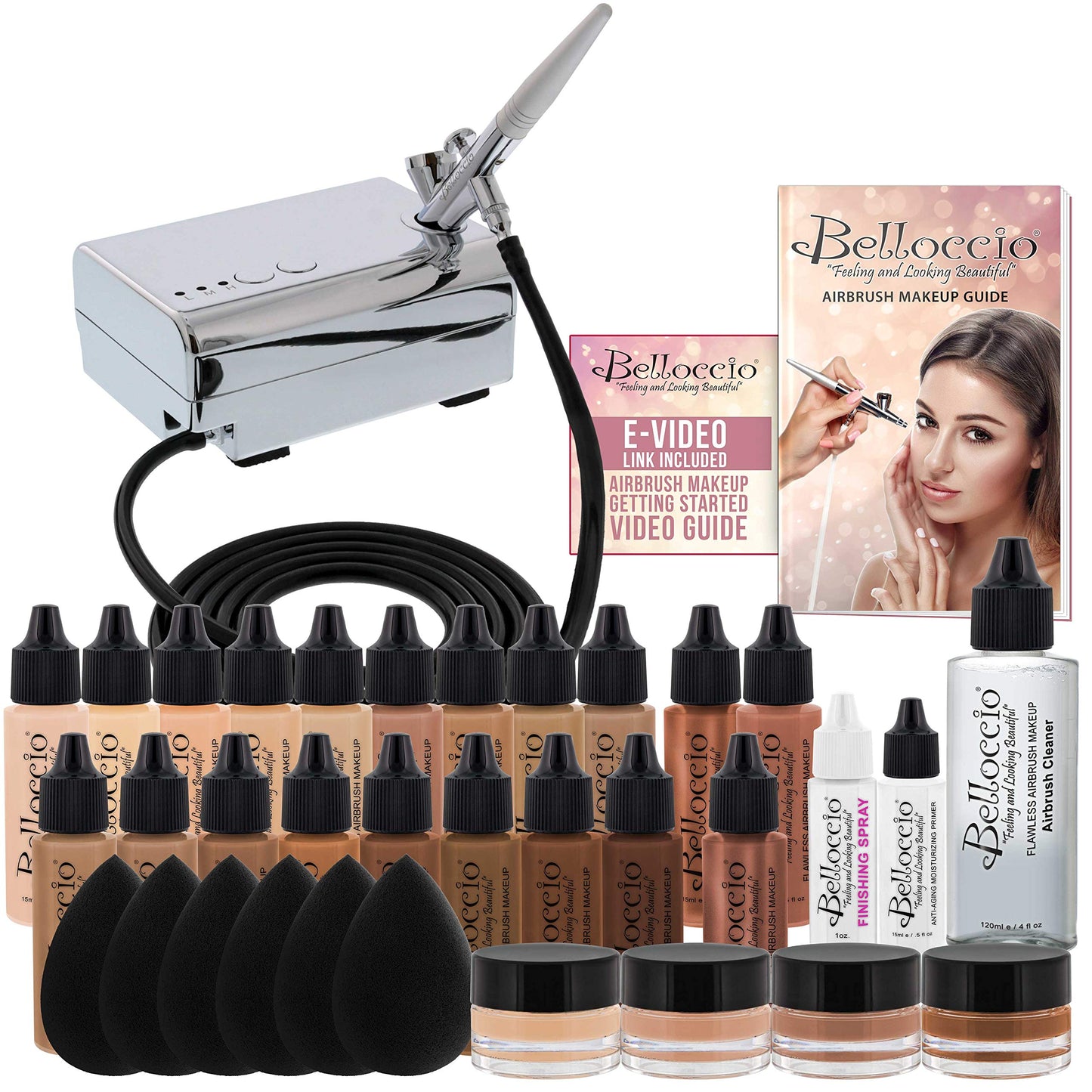 Belloccio Airbrush Cosmetic Makeup System with a MASTER SET of All 17 Foundation Shades plus Blush, Shimmer and Bronzer All in 1