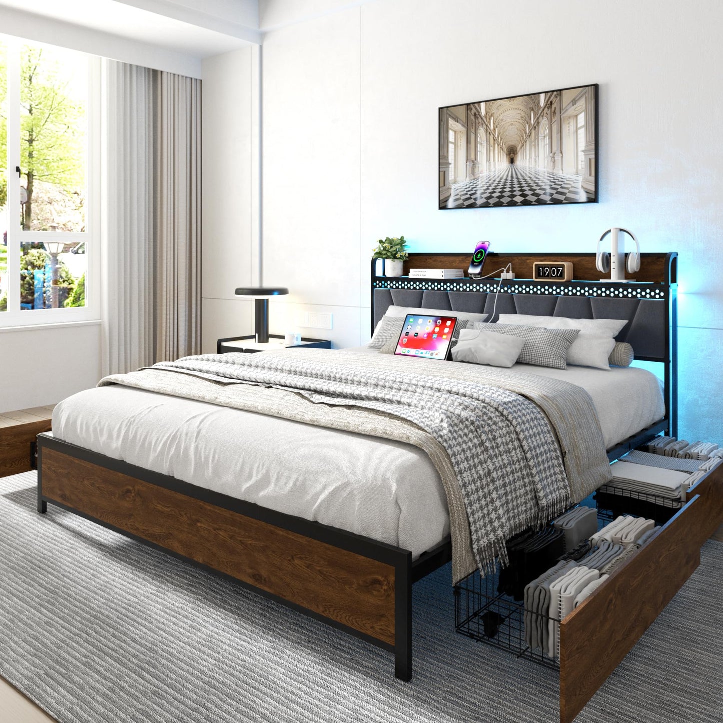 viplov Full Size Bed Frame with Storage Headboard, Metal Platform Bed & 4 Drawers, Built-in Charging Station & LED, Noise-Free, Metal Support, No Box Spring Needed