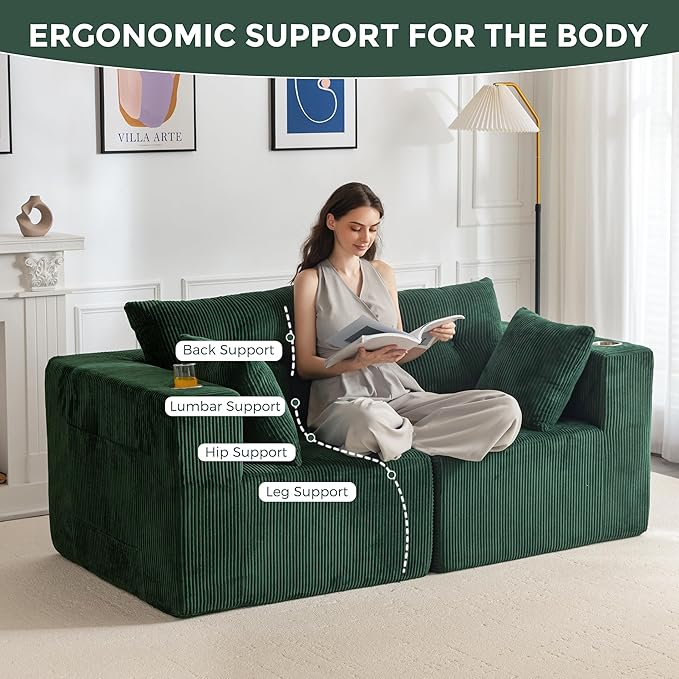 MAXYOYO Modular Sectional Sofa Couch, Loveseat Boneless Cloud Couch for Living Room, Sofa in A Box, Upholstered Cozy Chair with Tufted Craft, No Assembly Required, Green