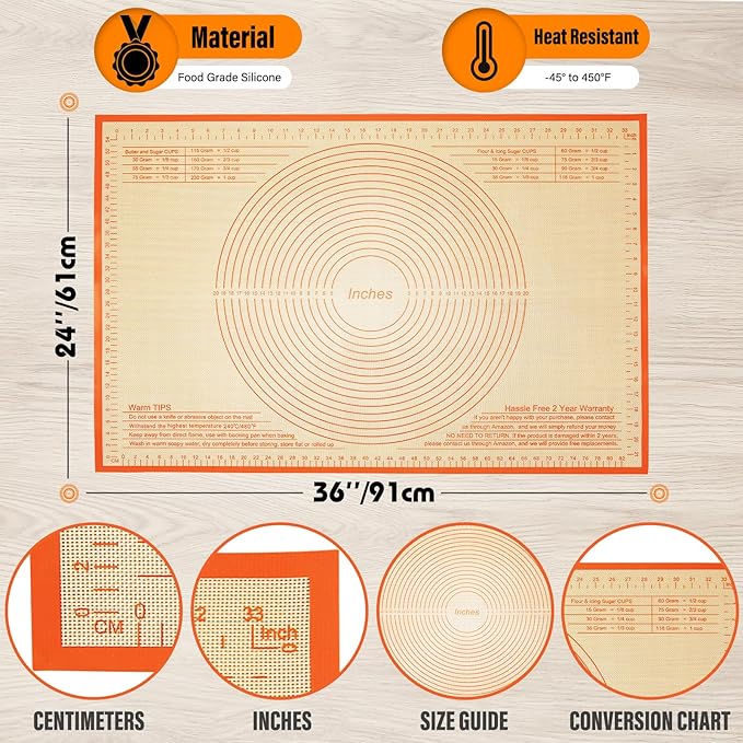 Silicone Pastry Mat 34x26 Inch - Nonstick Baking Mat Perfect for Dough, Pastry, Pie Crust, Fondant, Pasta/Pizza