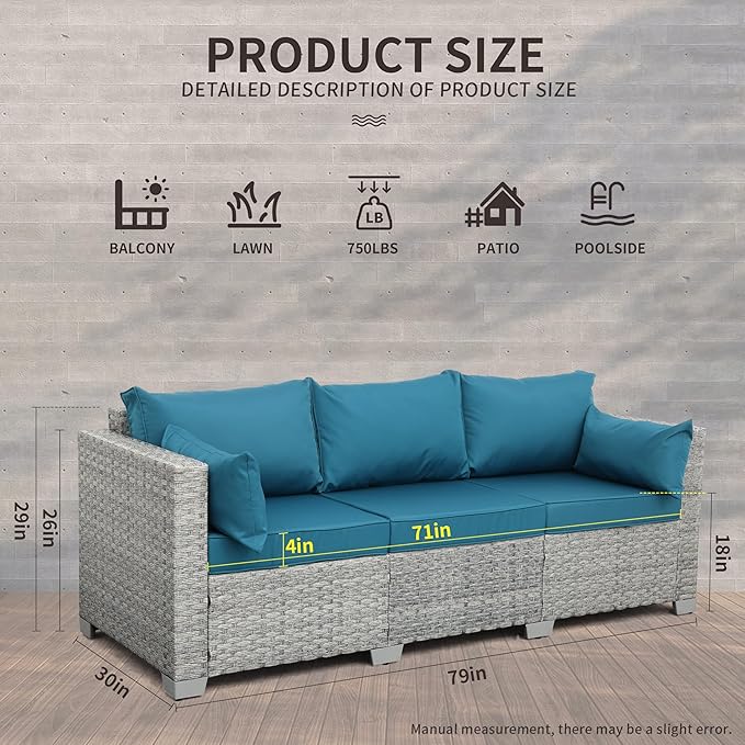 WAROOM Outdoor Couch 3 Seater Wicker Patio Sofa Grey Rattan Deep Seat Balcony Furniture Porch Seating with Peacock Blue Cushion