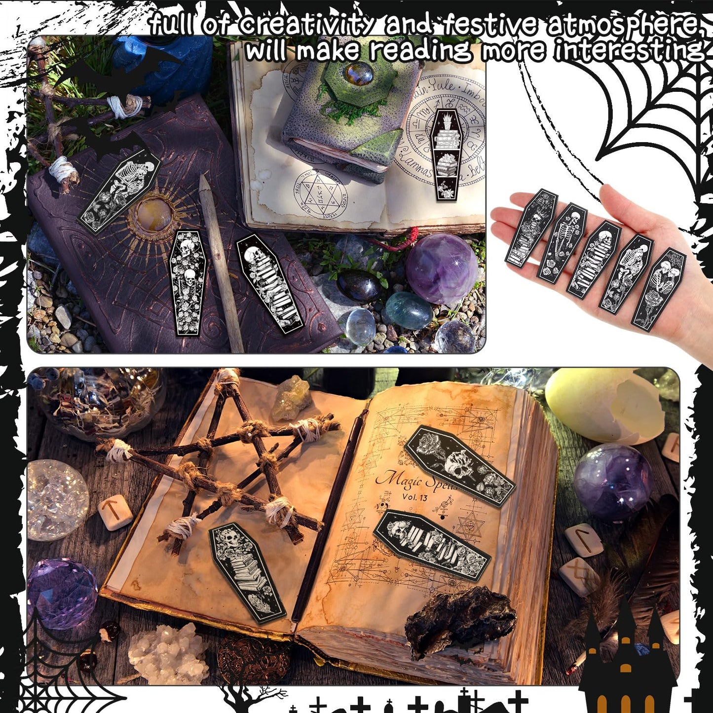 Clabby 48 Pcs 12 Style Mini Size Gothic Skeleton Coffin Magnet Bookmarks with Magnet Halloween Gothic Book Marker Holiday Gift for Book Lovers Bookworm Bookish