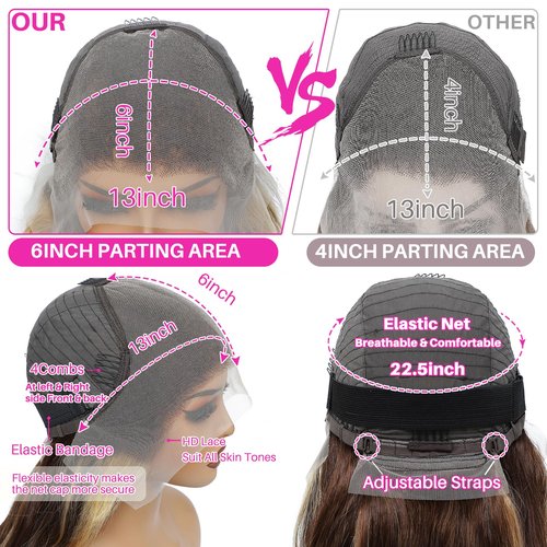 GAOYIFU Highlight Ombre Lace Front Wig Human Hair Honey Blonde 13x6 HD Body Wave Lace Front Wigs Human Hair Pre Plucked 180 Density 4/27 Frontal Glueless Highlighted Wig for Black Women 20 Inch