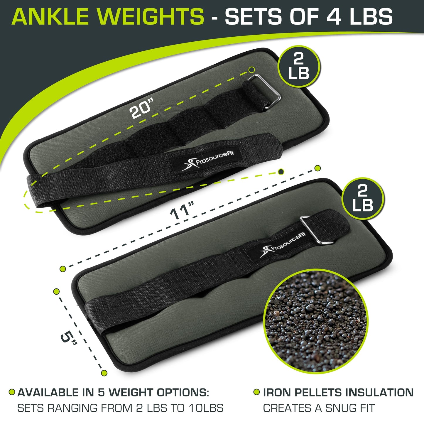 ProsourceFit Ankle / Wrist and Arm / Leg Weights Set of 2, Adjustable Strap for Men and Women, Grey 2 LB