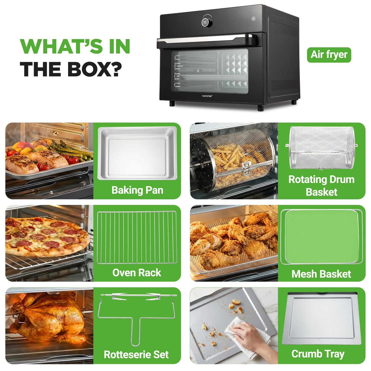 NutriChef 32 Quart Air Fryer & Oven | Digital Airfryer with 20 Presets, Dual Cook, Rotisserie, Bake & More | Multi-Function Convection Countertop Oven | Large Capacity | 18" x 17" x 14 | Black