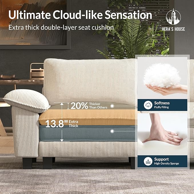 HERA'S HOUSE 3 Pieces Modular Sectional Sofa Sets, Oversized Couch Set with Loveseats and Armchair, Comfy Cloud Couches with Throw Pillows, 6-Seater Deep Seat Sofa for Living Room, Corduroy Beige