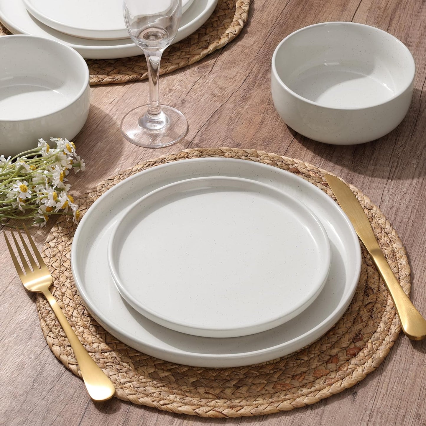 HaWare Stoneware Dinnerware Sets, 24-Piece Plates and Bowls Set for 8, Dishes Set for Home Restaurant, Speckled Milky White