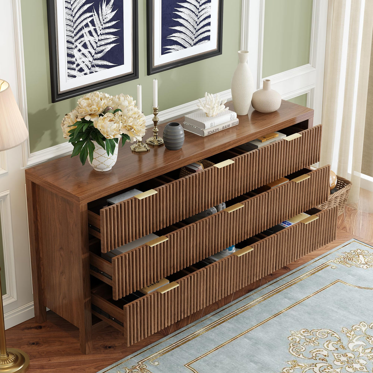 JZXSHD 9 Drawers, Modern Large Chest Mid Century Modern Dresser TV Stand, Storage Organizer Dresser with Solid Natural Wood Legs for Bedroom, Living Room, Hallway, Walnut Oak