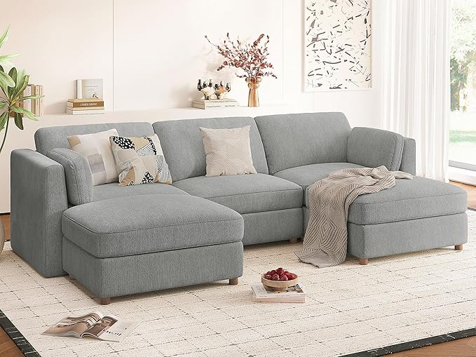 CUGOAO 118'' Modular Sectional Sofa, Oversized U-Shaped Sectional Couch with Ottoman, Deep Seat Chenille Cloud Couch, Mordern Upholstered Couches for Living Room, Apartment, Office, Grey