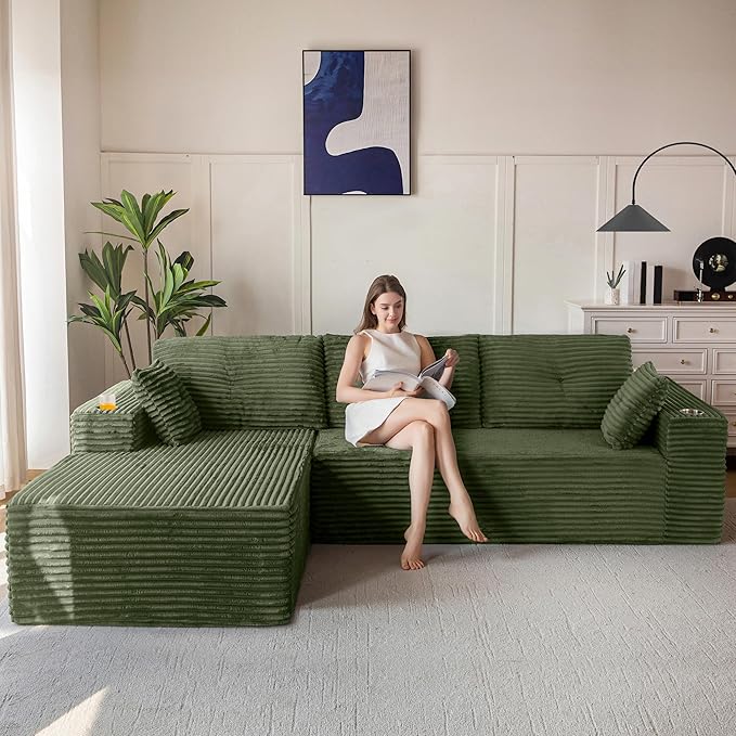 MAXYOYO 104" Modular Sectional Couch with L-Shape Chaise, Modern Boneless Couch for Living Room, Sofa in A Box, Oversized Sofa Sleeper with Deep Seat, No Assembly Required, Green