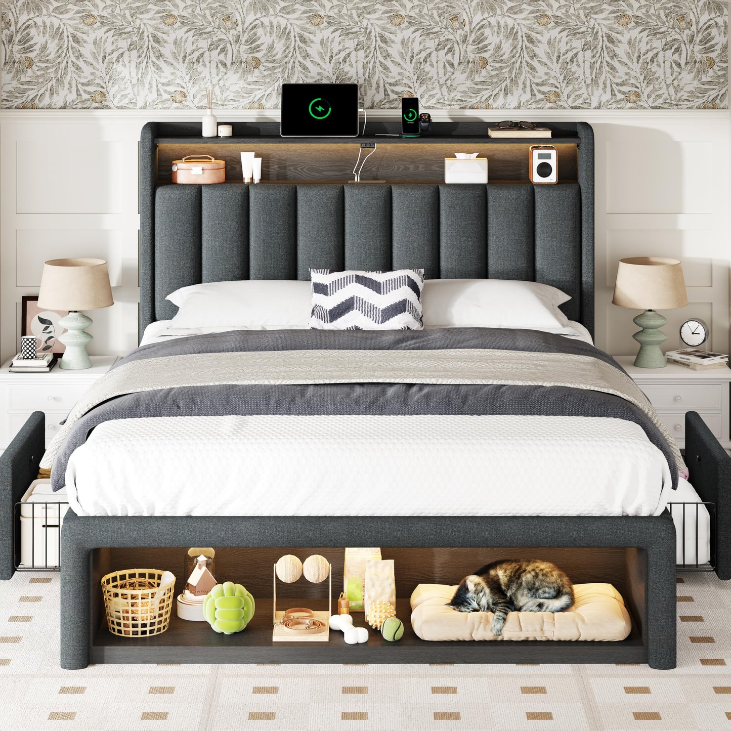 ChicZhiNest Queen Bed Frame with Storage Headboard & Charging Station, LED Light, 2 Storage Drawers & Cabinet, Upholstered Platform Bed with Sturdy Wooden Slats, Noise-Free, No Box Spring, Dark Grey