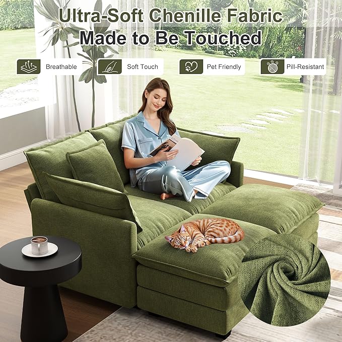 58" Cloud Couch Loveseat, Deep Seat Modular Sectional Sofa with 4 Removable Washable Pillows and 2 Ottoman for Living Room, Bedroom, Apartment, Green