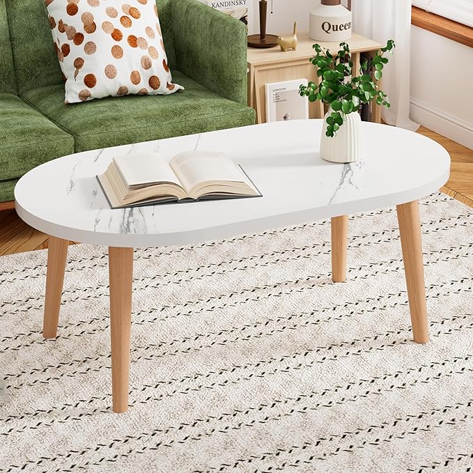 Small Coffee Table for Small Space, Low Table, Floor Table Desk for Sitting on The Floor, Japanese Coffee Table for Living Room, Tatami Tea Tables with Solid Wood Legs, Oval Coffee Tables, White
