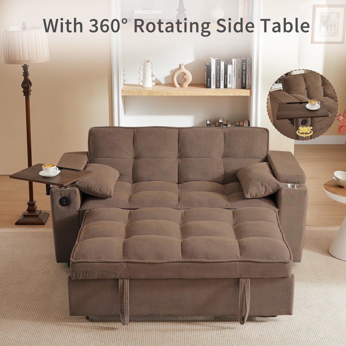 hansones 65'' 3-in-1 Folding Convertible Sofa Bed, Queen Size Pullout Sofa, Modern Chenille Fabric, 360° Swivel Side Table, Easy Assembly, Perfect for Living Room