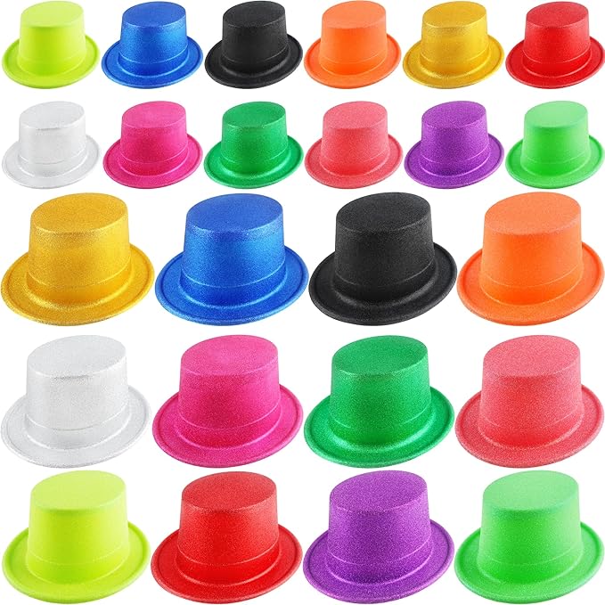 SGBETTER 24 Pack Neon Top Hats Glitter Plastic Top Hat Colorful Magician Hat Bright Party Hats for Adult Kids Photo Booth ...