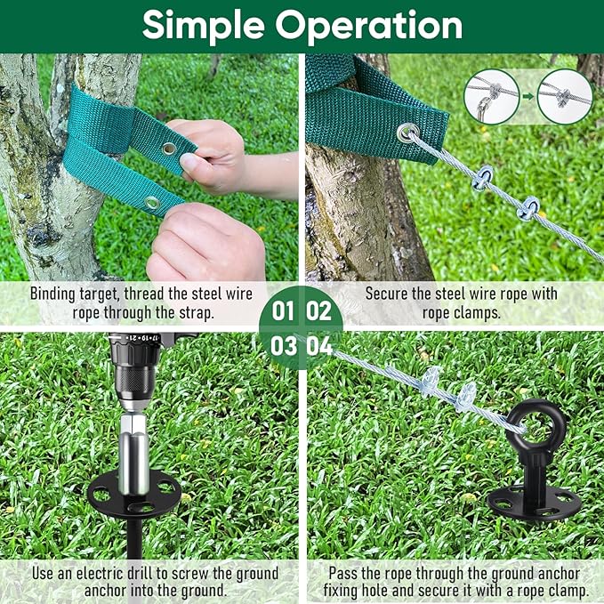 Ciyivak 18'' Ground Anchors Screw in Heavy Duty, Shed Anchor Kit with Straps & Steel Cable & Tools, Earth Anchors for Mobile Home, Carports, Swing Set, Tree, Trampoline - Secure Against High Winds(4)