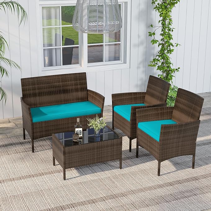 RELAX4LIFE 4-Piece Patio Furniture Set - Rattan Outdoor Conversation Bistro Set w/Cushions, Glass Coffee Table, Wicker Chairs & Loveseat for Garden Backyard Porch, Balcony Furniture Set (1, Turquoise)