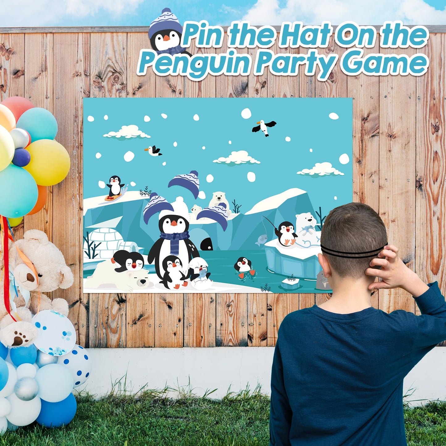 EmmgHen Pin the Hat On the Penguin Party Game Poster with Stickers Fun Winter Polar Arctic Animals Themed Activities Party Decorations Supplies for Christmas Holiday New Year Birthday Family Gathering