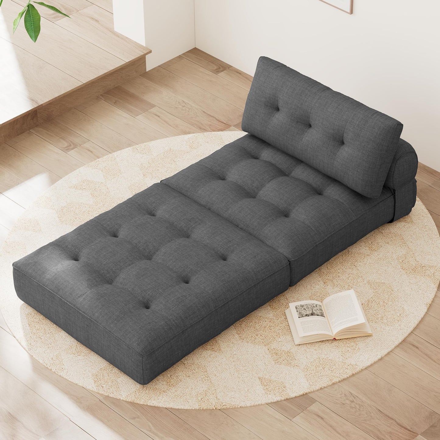 KINGYES Folding Sofa Bed, Convertible Sleeper Chair with Pillow for Adults, Foldable Single Futon Chair Floor Sofa Lounge for Living Room, Grey