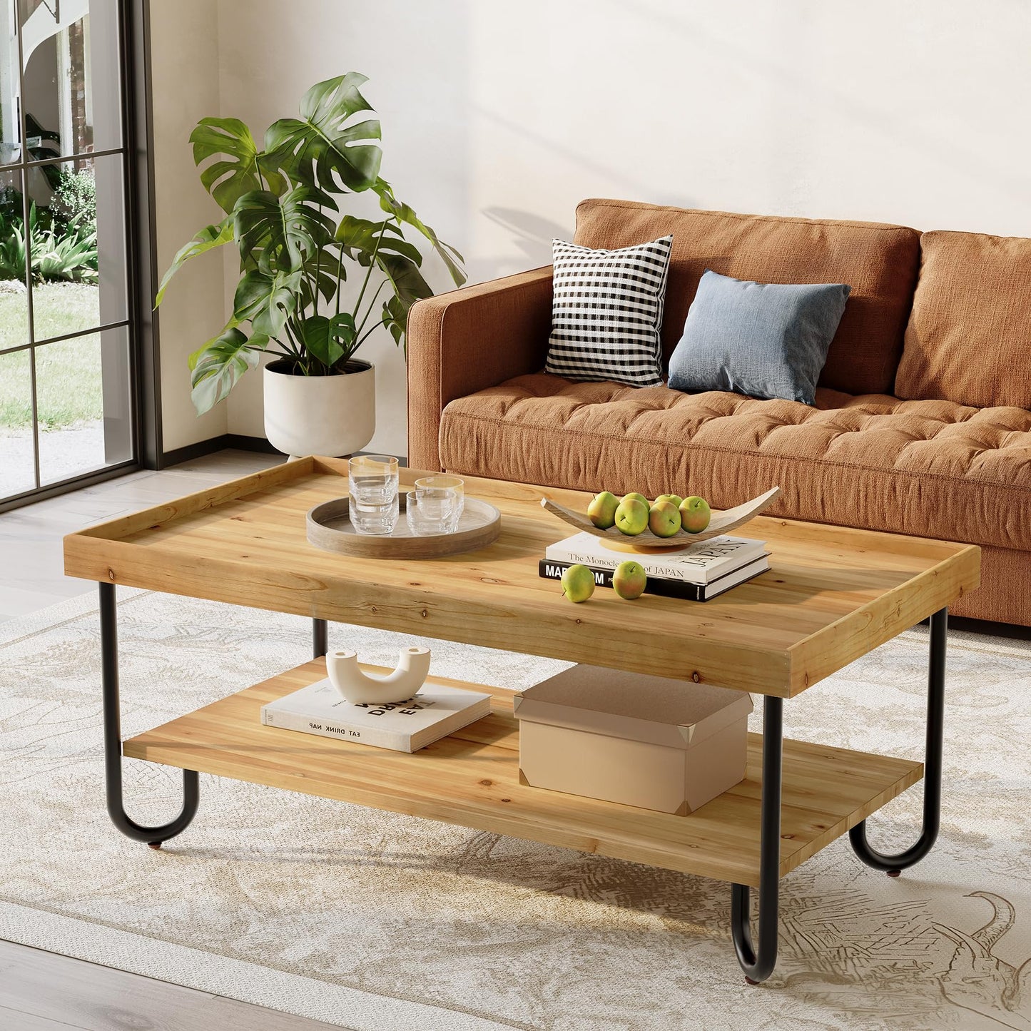 TRIBEWOOD 47.24-Inch Solid Wood Coffee Table, 2-Tier Rectangular Center Table with Curved Metal Legs, Industrial Cocktail Tea Table with Storage Shelf for Living Room, Apartment (Light Brown)